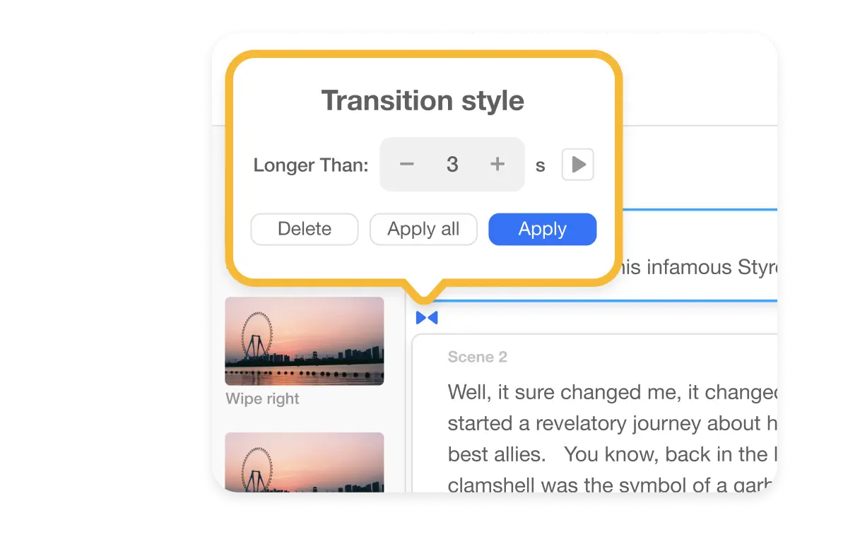 Customization options for video transitions in Visla, featuring controls to adjust the length of transitions to match the user's vision.